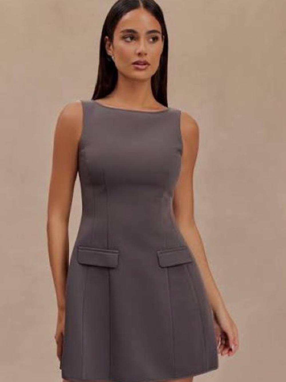 Meshki Sleeveless Boatneck Mini Dress in Charcoal